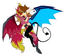 Size: 4300x3800 | Tagged: safe, derpibooru import, sunset shimmer, oc, oc:flamera, demon, human, equestria girls, g4, black sclera, canon x oc, cuddling, demon form, demon horns, demon wings, devil tail, duo, fangs, female, flameset, horns, hug, humanized, image, lesbian, png, sharp teeth, shipping, slit pupils, smiling, sunset satan, tail, teeth, wings