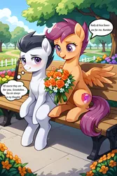 Size: 3072x4608 | Tagged: source needed, safe, ai content, derpibooru import, machine learning assisted, machine learning generated, prompter:the emissary, rumble, scootaloo, pegasus, pony, g4, bench, blushing, cloud, female, flower, image, male, png, rumbloo, shipping, straight, tree