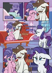 Size: 1920x2715 | Tagged: safe, artist:alexdti, derpibooru import, cookie crumbles, hondo flanks, rarity, pony, unicorn, comic:how we met (italian), g4, blue eyes, brown mane, brown tail, comic, concerned, couch, crying, ear piercing, earring, father and child, father and daughter, father and mother, female, filly, filly rarity, floppy ears, foal, horn, image, implied applejack, implied death, indoors, italian, jewelry, jpeg, looking at someone, male, mare, mother and child, mother and daughter, piercing, pregnant, purple mane, purple tail, sad, stallion, tail, talking, two toned mane, two toned tail, white coat, younger