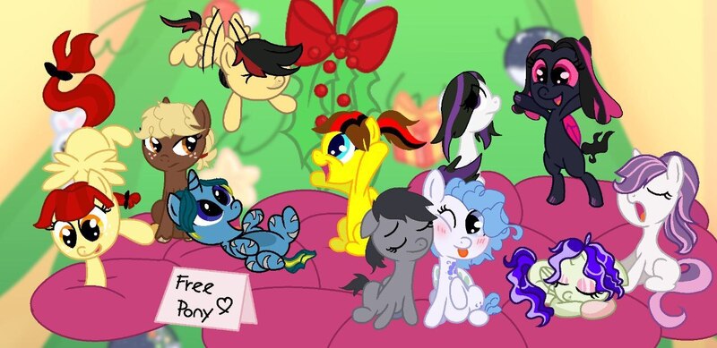 Size: 1280x622 | Tagged: safe, artist:toyuota club, derpibooru import, oc, oc:blackcherry, oc:danzei animation jora, oc:kesha, oc:lychee, oc:nastya bird, oc:sweetieck dreams, oc:tayota, oc:tweek, unofficial characters only, bat pony, pegasus, pony, unicorn, g4, colored hooves, cute, eyelashes, female, filly, foal, group, happy new year, holiday, hooves, horn, image, jpeg, mare, not sweetie belle, orange eyes, screencap background, ship:joratweek, shipping, smiling, tail, two toned mane, two toned tail, unicorn horn