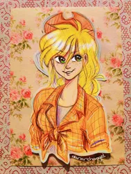 Size: 2256x2991 | Tagged: safe, artist:dariarchangel, derpibooru import, applejack, human, g4, applejack's hat, bangs, beautiful, blonde, blonde hair, bust, clothes, cowboy hat, cute, cute face, cute smile, eyebrows, eyebrows visible through hair, female, flannel shirt, flower, freckles, front knot midriff, green eyes, hat, human coloration, humanized, image, jackabetes, jpeg, long bangs, messy hair, midriff, patterned background, photo, portrait, pretty, shirt, sketch, smiling, smirk, solo, stetson, t-shirt, traditional art, woman