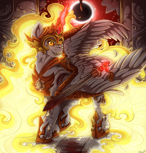 Size: 1000x1045 | Tagged: semi-grimdark, artist:binibean, derpibooru import, daybreaker, alicorn, pony, g4, blood, cut, eclipse, evil grin, fangs, female, fire, glow, glowing horn, grin, horn, image, injured, jpeg, magic, mane of fire, mare, sharp teeth, signature, smiling, solar eclipse, solo, speedpaint available, sword, teeth, telekinesis, weapon