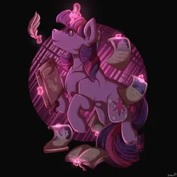 Size: 1000x1000 | Tagged: safe, artist:binibean, derpibooru import, star swirl the bearded, twilight sparkle, alicorn, unicorn, g4, book, glow, glowing horn, horn, image, jpeg, magic, mare in the moon, moon, quill, signature, smiling, solo, telekinesis, unicorn twilight