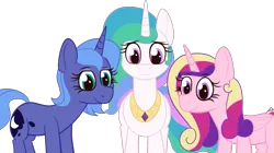 Size: 3285x1834 | Tagged: safe, artist:anonymous, derpibooru import, princess cadance, princess celestia, princess luna, alicorn, pony, g4, colored, curious, drawthread, eyebrows, eyebrows visible through hair, female, flat colors, image, looking at you, mare, png, requested art, simple background, sniffing, transparent background, trio, trio female