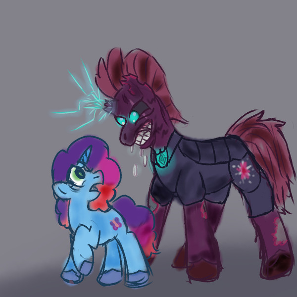 Size: 2039x2039 | Tagged: safe, artist:zoeyhorse, derpibooru import, tempest shadow, ghoul, pony, undead, unicorn, g4, g5, armor, broken horn, drool, duo, duo female, fanfic art, female, feral, gray background, gritted teeth, horn, image, jpeg, looking back, looking up, magic, mare, misty brightdawn, rebirth misty, simple background, size difference, sparks, teeth, torn ear, white background