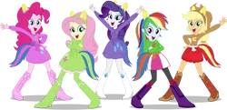 Size: 1280x620 | Tagged: safe, derpibooru import, applejack, fluttershy, pinkie pie, rainbow dash, rarity, equestria girls, g4, belt, boots, clothes, cowboy boots, cowboy hat, hat, high heel boots, image, mane five, png, polka dot socks, shirt, shoes, simple background, skirt, socks, white background