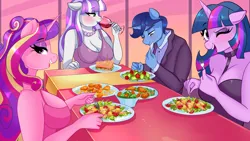 Size: 1920x1080 | Tagged: suggestive, artist:xjenn9, ponerpics import, night light, princess cadance, twilight sparkle, twilight velvet, anthro, breasts, dinner, food, group, image, one eye closed, png, sitting