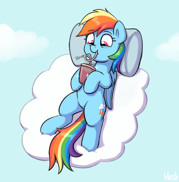 Size: 1764x1797 | Tagged: safe, artist:heretichesh, derpibooru import, rainbow dash, pegasus, pony, g4, cloud, crazy straw, cute, dashabetes, drink, drinking, drinking straw, female, hoof hold, image, lying down, lying on a cloud, mare, on a cloud, on back, onomatopoeia, pillow, png, signature, slurp, smoothie, solo