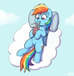 Size: 1764x1797 | Tagged: safe, artist:heretichesh, derpibooru import, rainbow dash, pegasus, pony, g4, cloud, crazy straw, cute, dashabetes, drink, drinking, drinking straw, female, hoof hold, image, lying down, lying on a cloud, mare, on a cloud, on back, onomatopoeia, pillow, png, signature, slurp, smoothie, solo