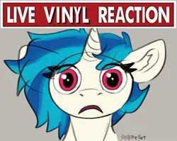 Size: 1084x863 | Tagged: safe, artist:reddthebat, derpibooru import, vinyl scratch, pony, unicorn, g4, bust, ear fluff, eye clipping through hair, eyebrows, eyebrows visible through hair, female, floppy ears, frown, gray background, horn, image, jpeg, live tucker reaction, looking at you, mare, meme, missing accessory, no glasses, open mouth, signature, simple background, solo