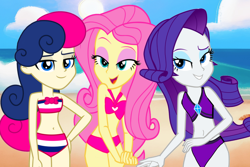 Size: 2451x1642 | Tagged: suggestive, derpibooru import, bon bon, fluttershy, rarity, sweetie drops, equestria girls, g4, beach, bikini, caption, charming, clothes, hot girls, image, image macro, png, seductive, sexy, spoilers for another series, swimsuit, text