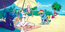 Size: 1920x960 | Tagged: safe, artist:kp-shadowsquirrel, derpibooru import, pinkie pie, princess celestia, princess luna, rainbow dash, pony, beach, beach towel, beach umbrella, book, chuckling, cocktail umbrella, drink, drip, food, frisbee, hooves behind head, i can't believe it's not idw, ice cream, ice cream cone, image, jpeg, lemon, palm tree, spill, spilled drink, towel, tree, umbrella