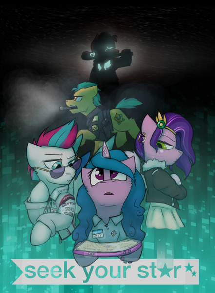 Size: 940x1280 | Tagged: safe, artist:captainhoers, derpibooru import, hitch trailblazer, izzy moonbow, pipp petals, sunny starscout, zipp storm, cyborg, cyborg pony, earth pony, pegasus, pony, unicorn, the sunjackers, g5, baseball bat, clothes, flash light, horn, image, jacket, jpeg, officer, sunglasses