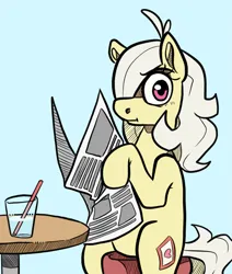 Size: 1613x1900 | Tagged: safe, artist:smirk, derpibooru import, oc, oc:mutter butter, image, judging, newspaper, png, simple background, solo, stool, straw, table