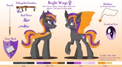 Size: 4500x2500 | Tagged: safe, artist:the_mpc, derpibooru import, oc, unofficial characters only, bat pony, pony, g4, bat pony oc, bat wings, buff, crossbow, female, hoof claws, image, jewelry, mare, muscles, necklace, pendant, png, reference, reference sheet, solo, sword, tall, weapon, wings