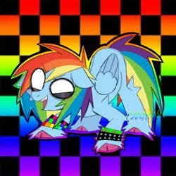 Size: 1280x1280 | Tagged: safe, artist:s0ur_fart6969, derpibooru import, rainbow dash, pegasus, pony, g4, abstract background, ass up, blank eyes, blush lines, blushing, bracelet, checkered background, cloven hooves, emo, eye clipping through hair, eyebrows, eyebrows visible through hair, fangs, female, fluffy, folded wings, image, implied lesbian, lidded eyes, mare, open mouth, open smile, outline, pixel-crisp art, png, rainbow background, rainbow wristband, scemo, scene, smiling, solo, spiked wristband, unshorn fetlocks, watermark, wings, wristband