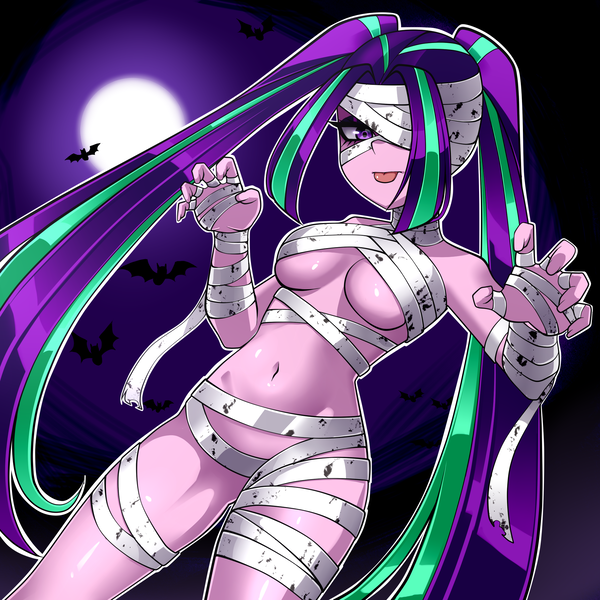 Size: 2000x2000 | Tagged: suggestive, artist:nekojackun, derpibooru import, aria blaze, bat, equestria girls, g4, bandage, belly, belly button, breasts, busty aria blaze, female, full moon, halloween, holiday, image, moon, mummy costume, pigtails, png, raspberry, solo, solo female, tongue out, underboob