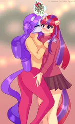 Size: 2418x4000 | Tagged: safe, artist:xjenn9, ponerpics import, moondancer, rarity, anthro, breasts, clothes, duo, duo female, eyes closed, female, image, png, solo, solo female