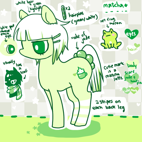 Size: 700x700 | Tagged: safe, artist:matcharoll, derpibooru import, oc, oc:matcha (matcharoll), oc:meron, ponified, unofficial characters only, earth pony, food pony, frog, original species, pony, 2012, beanbrows, checkered background, clothes, color palette, eyebrows, food, green eyes, hairclip, image, leg stripes, lidded eyes, no mouth, no nose, png, reference sheet, scarf, striped scarf, stripes, tail beads, white pupils