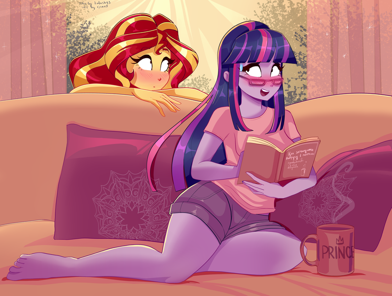 Size: 4000x3018 | Tagged: safe, artist:xjenn9, ponerpics import, sunset shimmer, twilight sparkle, equestria girls, blushing, book, breasts, clothes, duo, duo female, feet, female, image, png, shirt, shorts