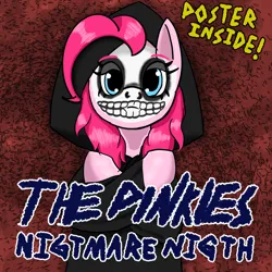 Size: 2000x2000 | Tagged: safe, artist:mano_m, derpibooru import, pinkie pie, earth pony, pony, album cover, album parody, bust, clothes, crossed arms, female, image, looking at you, makeup, mare, misfits, misspelling, mlp fim's fourteenth anniversary, png, punk, robe, simple background