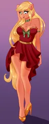 Size: 1584x4000 | Tagged: safe, artist:xjenn9, ponerpics import, applejack, anthro, blushing, breasts, cleavage, clothes, dress, high heels, image, png, shoes