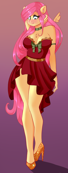 Size: 1584x4000 | Tagged: safe, artist:xjenn9, ponerpics import, fluttershy, anthro, blushing, breasts, cleavage, clothes, dress, female, high heels, image, png, shoes, solo, solo female