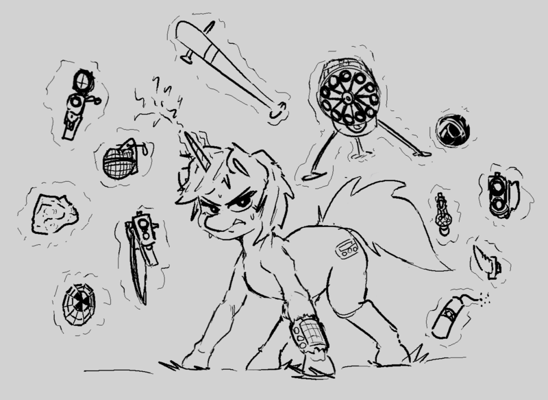 Size: 1354x987 | Tagged: safe, artist:pencilfriend, derpibooru import, oc, oc:littlepip, unofficial characters only, pony, unicorn, fallout equestria, angry, assault rifle, balefire bomb, baseball bat, cutie mark, drawpile, dynamite, explosives, female, grenade, gun, handgun, horn, image, knife, looking at you, magic, magic aura, memory orb, minigun, monochrome, pipbuck, png, pointing gun, revolver, rifle, rock, shotgun, simple background, sketch, sniper, sniper rifle, solo, solo female, sweat, threatening, weapon