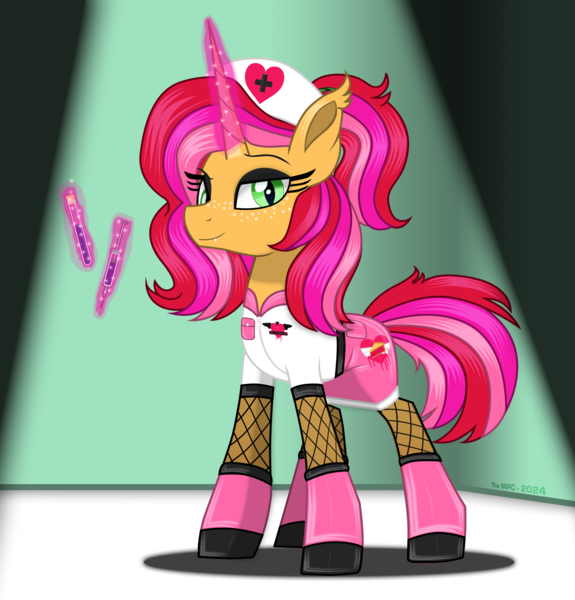 Size: 2103x2195 | Tagged: safe, artist:the_mpc, derpibooru import, oc, oc:strawberry filling, unofficial characters only, bat pony, bat pony unicorn, hybrid, pony, unicorn, bat pony hybrid, bedroom eyes, boots, clothes, dark room, eyelashes, eyeshadow, fishnet clothing, fishnets, hat, horn, image, latex, latex boots, looking at you, looking down, looking down at you, makeup, needle, nurse, nurse hat, nurse outfit, png, pockets, pose, seductive, seductive look, seductive pose, shoes, simple background, skirt, socks, solo, spotlight, stockings, syringe, test tube, thigh highs