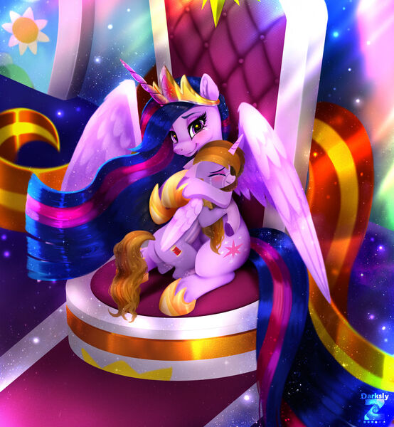 Size: 2173x2354 | Tagged: safe, artist:darksly, derpibooru import, princess twilight 2.0, twilight sparkle, twilight sparkle (alicorn), oc, alicorn, pony, g4, the last problem, alicorn oc, blushing, commission, crying, duo, duo female, eyes closed, female, high res, horn, hug, image, jpeg, mare, older, older twilight, older twilight sparkle (alicorn), sparkles, sunlight, tears of joy, throne, wings, ych result