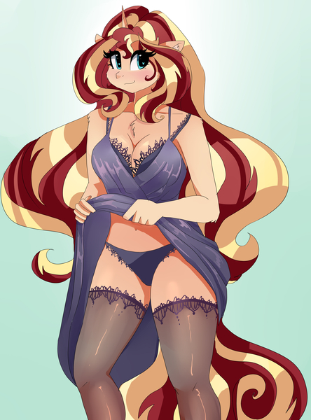 Size: 2958x4000 | Tagged: suggestive, artist:xjenn9, ponerpics import, sunset shimmer, anthro, blushing, breasts, clothes, dress, female, image, jpeg, socks, solo, solo female, stockings, thigh highs