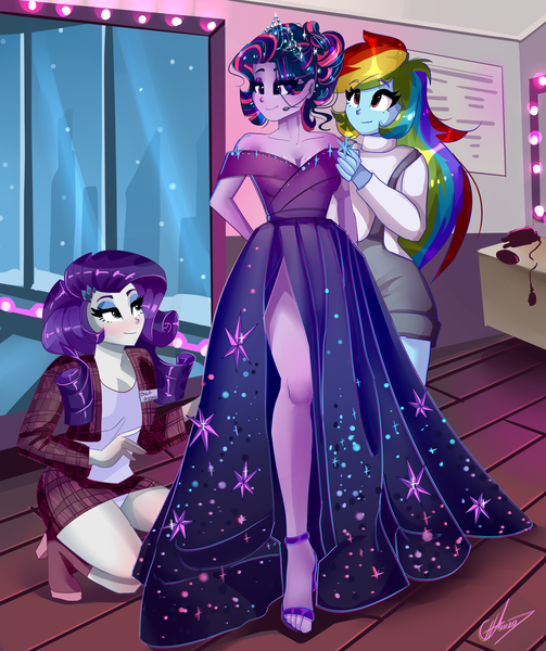 Size: 3354x4000 | Tagged: safe, artist:xjenn9, ponerpics import, rainbow dash, rarity, twilight sparkle, equestria girls, blushing, boots, breasts, clothes, dress, feet, female, high heels, image, kneeling, png, shoes