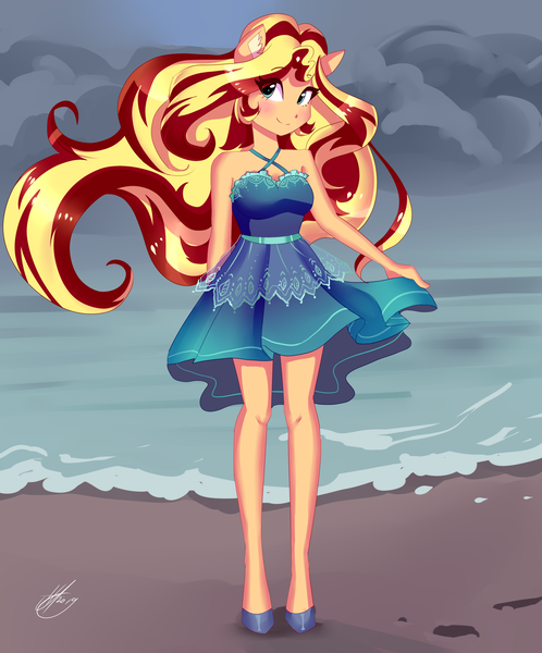 Size: 2488x3000 | Tagged: safe, artist:xjenn9, ponerpics import, sunset shimmer, anthro, beach, blushing, breasts, cleavage, clothes, dress, female, image, png