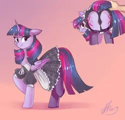 Size: 1037x1000 | Tagged: suggestive, artist:xjenn9, ponerpics import, twilight sparkle, twilight sparkle (alicorn), alicorn, human, pony, abstract background, black panties, blush lines, blushing, both cutie marks, butt, chest fluff, clothes, dress, drop shadow, female, hand, image, light skin, looking back, maid, mare, png, raised hoof, shiny hair, signature, skirt, smiling, socks, standing, standing on two hooves, stockings, tail, tail pull, thigh highs, upskirt