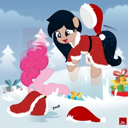 Size: 1000x1000 | Tagged: safe, artist:jhayarr23, derpibooru import, pinkie pie, oc, oc:crescend cinnamon, pony, christmas, hat, holiday, image, motion blur, png, santa hat, snow, watermark