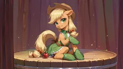 Size: 4416x2496 | Tagged: safe, ai content, derpibooru import, machine learning generated, prompter:bluetoothworld, applejack, earth pony, pony, apple, applejack's hat, boots, clothes, cowboy hat, dress, female, food, green dress, hat, image, jpeg, looking at you, mare, scene, shoes, sitting, smiling, smiling at you, solo, tail