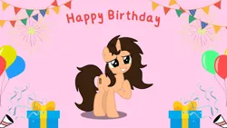 Size: 1600x900 | Tagged: safe, artist:small-brooke1998, derpibooru import, pony, unicorn, background from google, base used, birthday, happy birthday, horn, image, png, solo