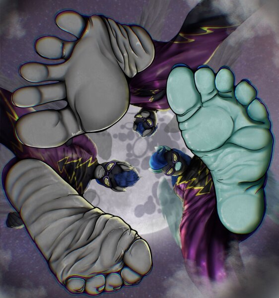 Size: 1198x1280 | Tagged: suggestive, artist:robinthefox, derpibooru import, anthro, plantigrade anthro, barefoot, feet, female, fetish, foot fetish, halloween, holiday, image, jpeg, looking at you, looking down, looking down at you, low angle, male, shadowbolts, shadowbolts (nightmare moon's minions), soles, toes, trio