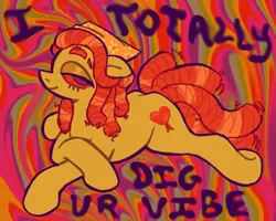 Size: 2028x1624 | Tagged: safe, artist:catponything, derpibooru import, tree hugger, earth pony, g4, crossed hooves, dreadlocks, high, image, implied drug use, lying down, png, prone, psychedelic, smiling, solo, sploot, stoned