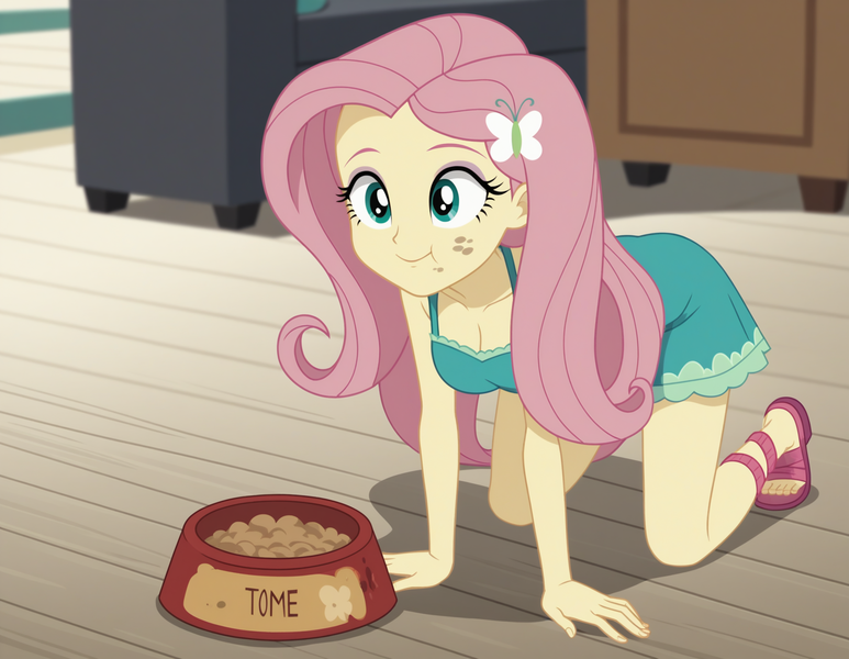 Size: 2144x1664 | Tagged: safe, ai content, derpibooru import, machine learning generated, prompter:kimberlite, stable diffusion, fluttershy, cat, human, equestria girls, g4, eating, food, image, indoors, kinky, png, quadrober