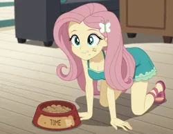 Size: 2144x1664 | Tagged: safe, ai content, derpibooru import, machine learning generated, prompter:kimberlite, stable diffusion, fluttershy, cat, human, equestria girls, g4, eating, food, image, indoors, kinky, png, quadrober