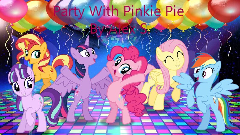 Size: 1280x720 | Tagged: safe, artist:alex s., artist:user15432, derpibooru import, fluttershy, pinkie pie, rainbow dash, starlight glimmer, sunset shimmer, twilight sparkle, twilight sparkle (alicorn), alicorn, earth pony, pegasus, pony, unicorn, g4, balloon, dance floor, dance party, dancing, disco ball, eyes closed, horn, image, jpeg, lights, open mouth, open smile, party, party with pinkie, smiling