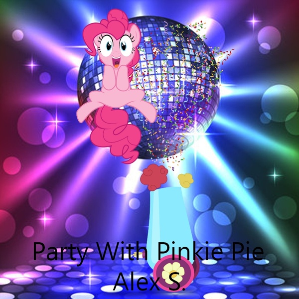 Size: 900x900 | Tagged: safe, artist:alex s., artist:user15432, derpibooru import, pinkie pie, earth pony, pony, g4, album, album cover, confetti, dance floor, dance party, disco ball, image, jpeg, lights, looking at you, open mouth, open smile, party, party cannon, party with pinkie, smiling, solo