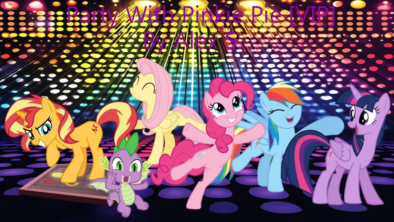 Size: 1280x720 | Tagged: safe, artist:alex s., artist:user15432, derpibooru import, fluttershy, pinkie pie, rainbow dash, spike, sunset shimmer, twilight sparkle, twilight sparkle (alicorn), alicorn, dragon, earth pony, pegasus, pony, unicorn, g4, dance floor, dance party, dancing, eyes closed, horn, image, jpeg, lights, open mouth, open smile, party, party with pinkie, smiling, winged spike, wings