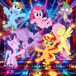 Size: 900x900 | Tagged: safe, artist:alex s., artist:user15432, derpibooru import, fluttershy, pinkie pie, rainbow dash, spike, starlight glimmer, sunset shimmer, twilight sparkle, twilight sparkle (alicorn), alicorn, dragon, earth pony, pegasus, pony, unicorn, g4, album, album cover, dance floor, dance party, dancing, eyes closed, horn, image, jpeg, lights, open mouth, open smile, party, party with pinkie, smiling, winged spike, wings