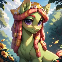 Size: 1024x1024 | Tagged: safe, ai content, derpibooru import, machine learning generated, stable diffusion, tree hugger, earth pony, pony, g4, dreadlocks, forest, generator:pony diffusion v6 xl, image, nature, outdoors, png, prompter:teonanakatle, solo, tree