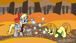 Size: 1920x1080 | Tagged: safe, artist:platinumdrop, derpibooru import, carrot top, derpy hooves, golden harvest, earth pony, pegasus, pony, g4, autumn, blank flank, bow, bubble, bucket, clothes, commission, female, filly, foal, hair bow, happy, image, mouth hold, playing, png, scarf, younger