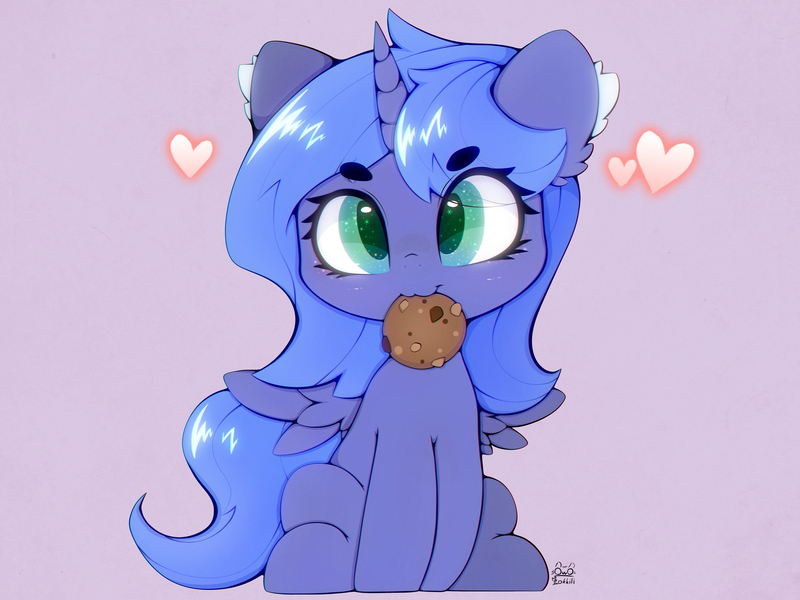 Size: 4000x3000 | Tagged: safe, artist:zokkili, derpibooru import, princess luna, alicorn, pony, g4, :3, cookie, ear fluff, eyebrows, eyebrows visible through hair, female, filly, filly luna, food, heart, high res, horn, image, jpeg, looking at you, mouth hold, signature, sitting, smiling, smiling at you, solo, spread wings, tail, wings, woona, younger