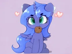 Size: 4000x3000 | Tagged: safe, artist:zokkili, derpibooru import, princess luna, alicorn, pony, g4, :3, cookie, ear fluff, eyebrows, eyebrows visible through hair, female, filly, filly luna, food, heart, high res, horn, image, jpeg, looking at you, mouth hold, signature, sitting, smiling, smiling at you, solo, spread wings, tail, wings, woona, younger