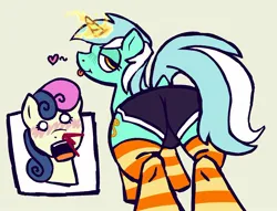 Size: 1898x1449 | Tagged: suggestive, artist:catponything, derpibooru import, bon bon, lyra heartstrings, sweetie drops, earth pony, pony, unicorn, g4, blood, blushing, clothes, couple, female, flank, horn, image, jpeg, lesbian, lyrabon, magic, magic aura, nosebleed, presenting, shipping, shocked, shocked expression, shorts, socks, striped socks, thigh highs